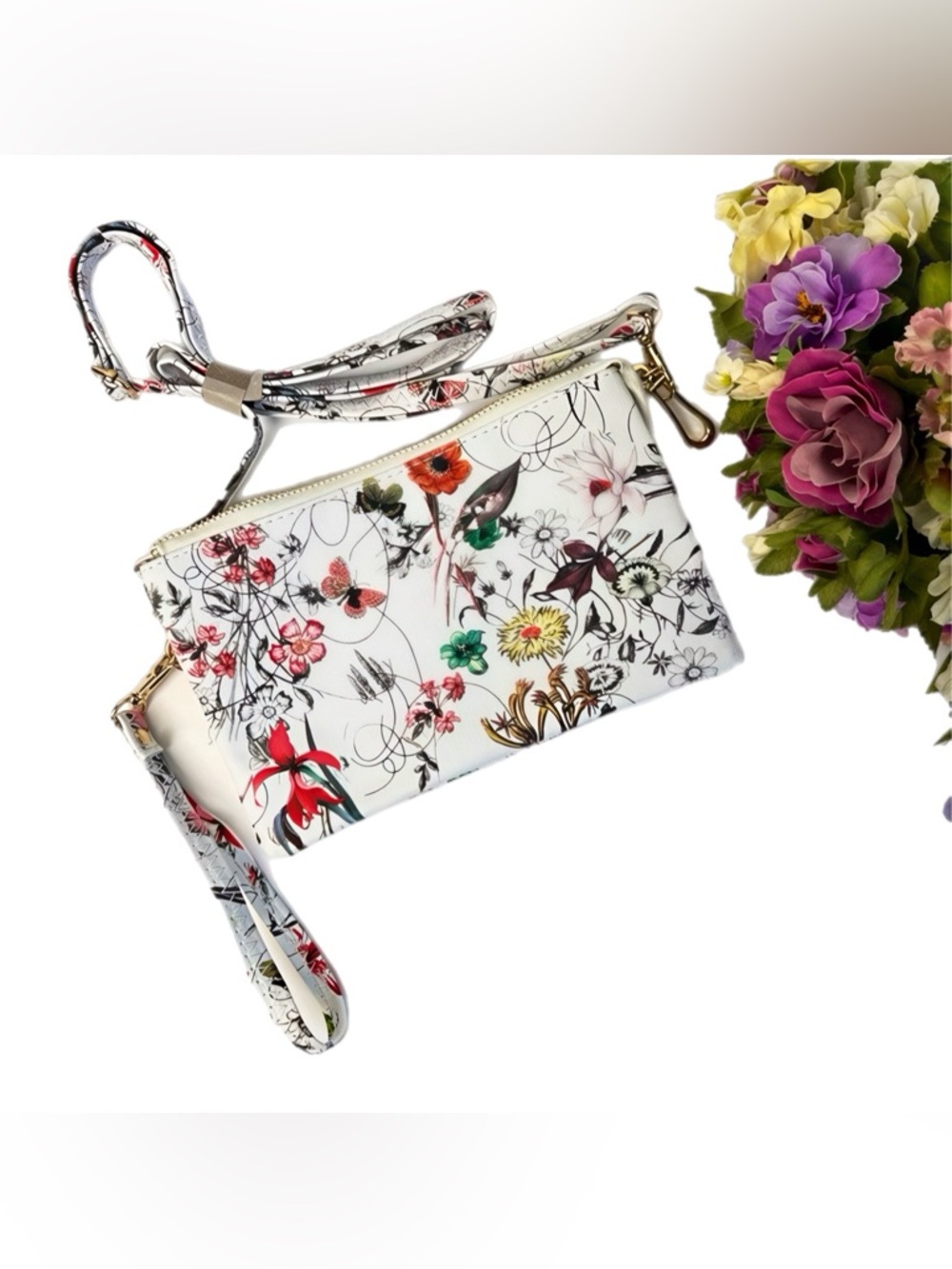 White Floral/Butterfly Print Convertible Crossbody/Clutch Bag